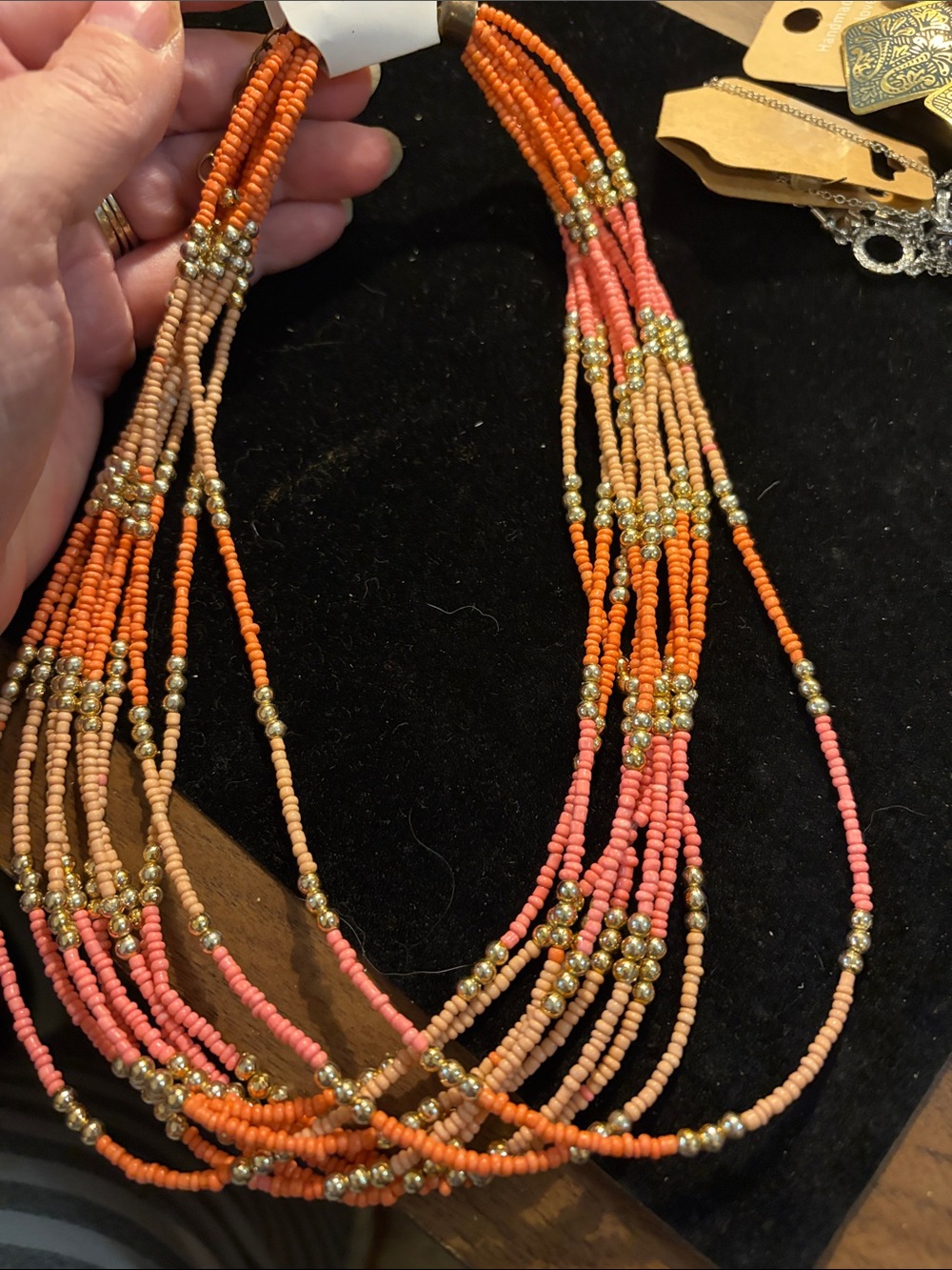 Multi-Strand Coral & Peach Seed Bead Necklace with Gold Accent